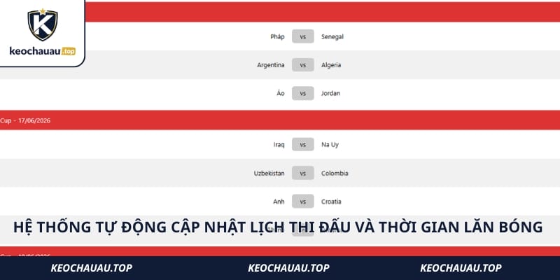 Hệ thống tự động cập nhật lịch thi đấu và thời gian lăn bóng chính xác