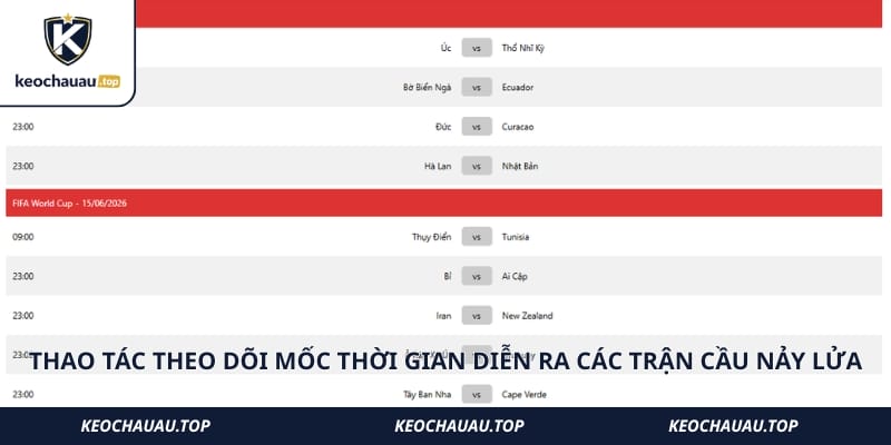 Thao tác theo dõi mốc thời gian diễn ra các trận cầu nảy lửa